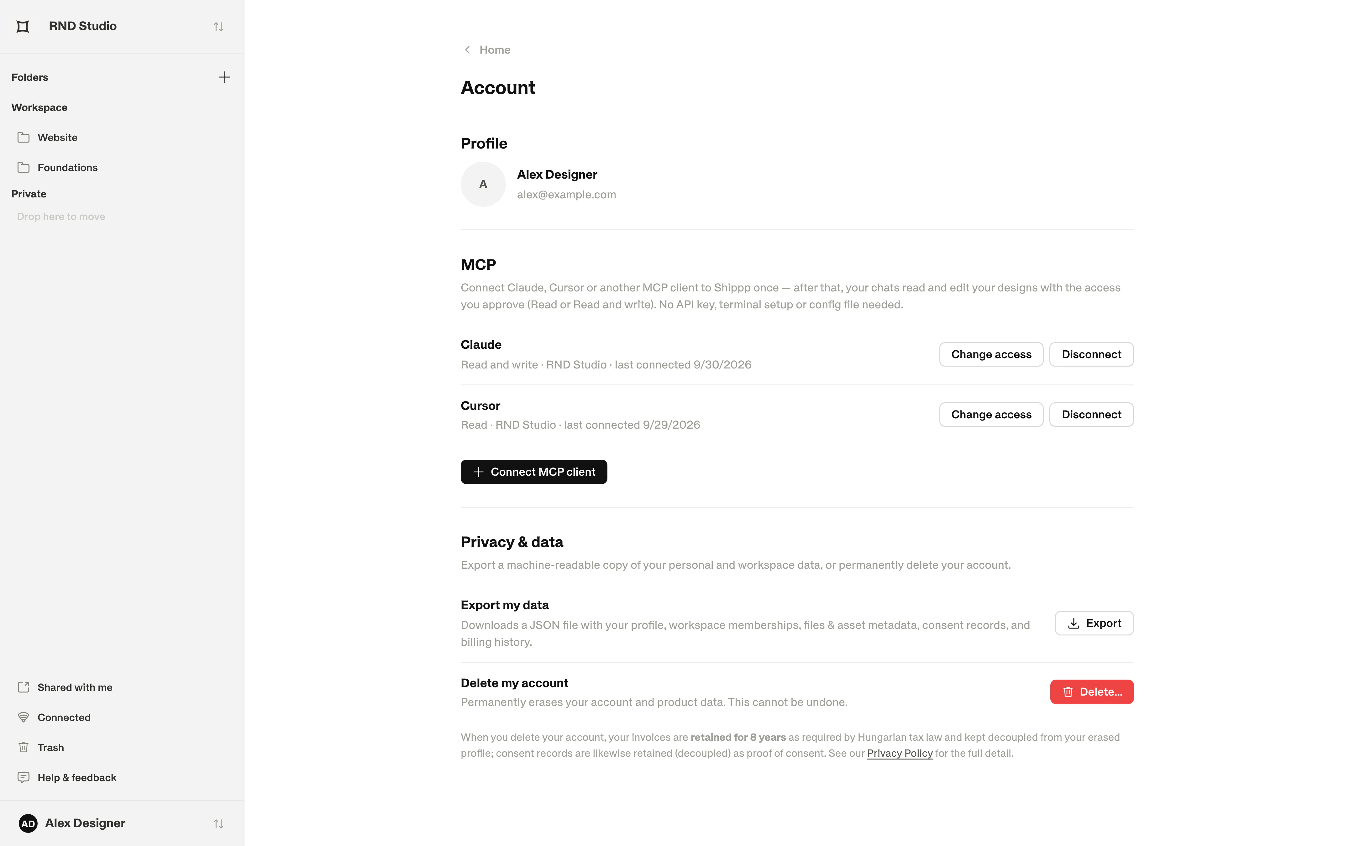 The MCP section of the account page listing connected clients with Change access and Disconnect buttons.