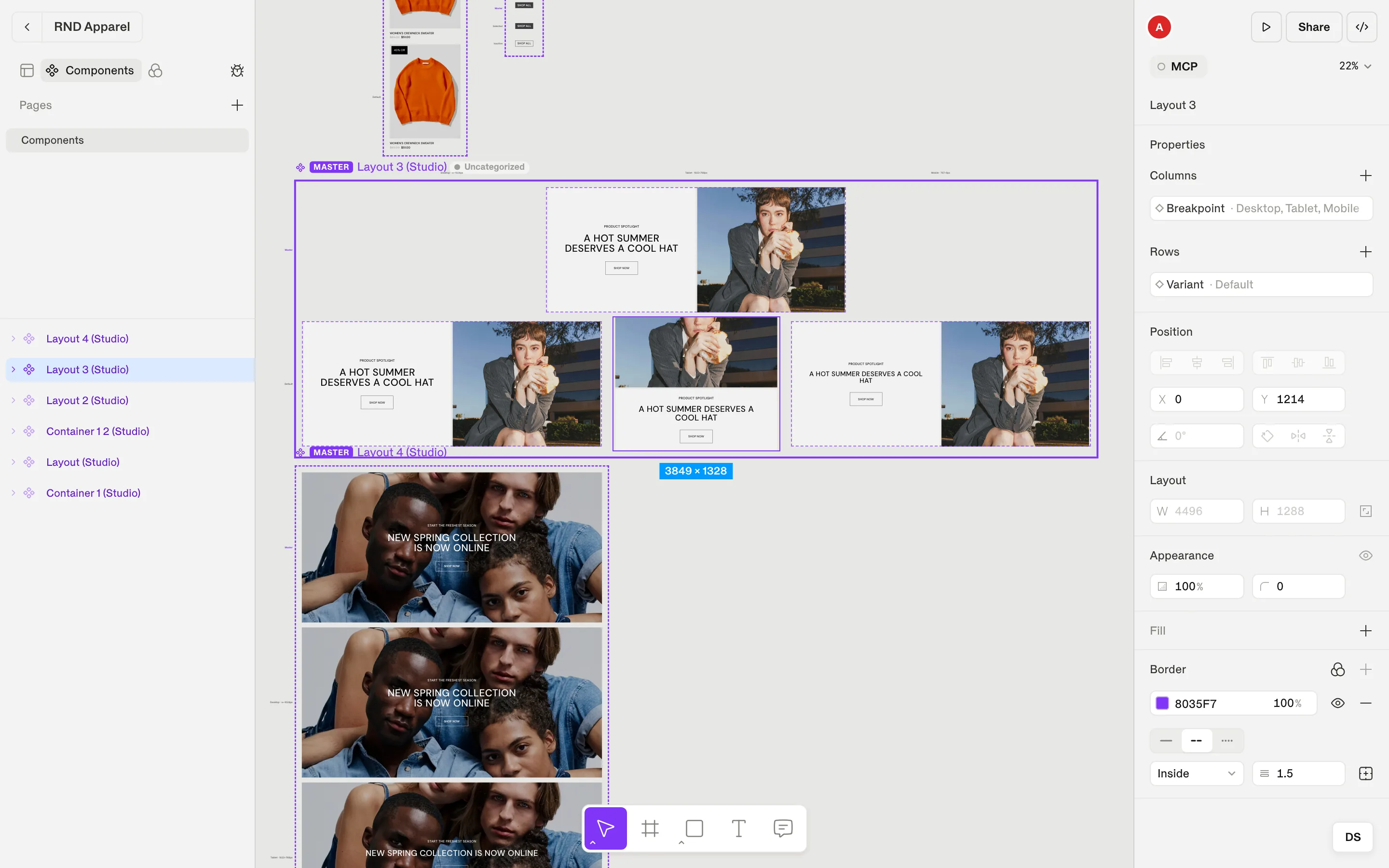 A component Studio with Desktop, Tablet and Mobile columns, and the Properties panel in the inspector.