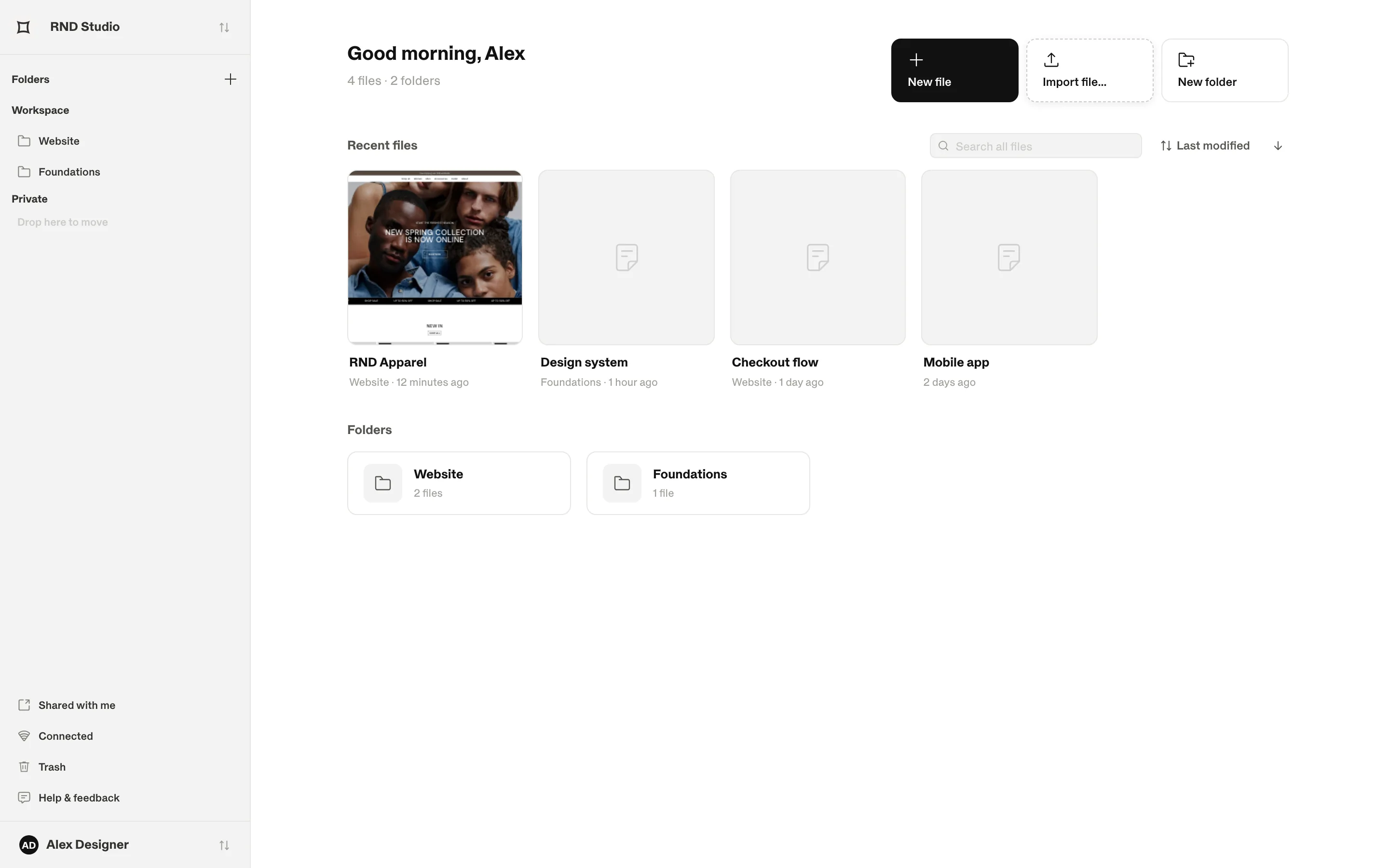 The Shippp dashboard: sidebar with folders on the left, recent files as thumbnails on the right.