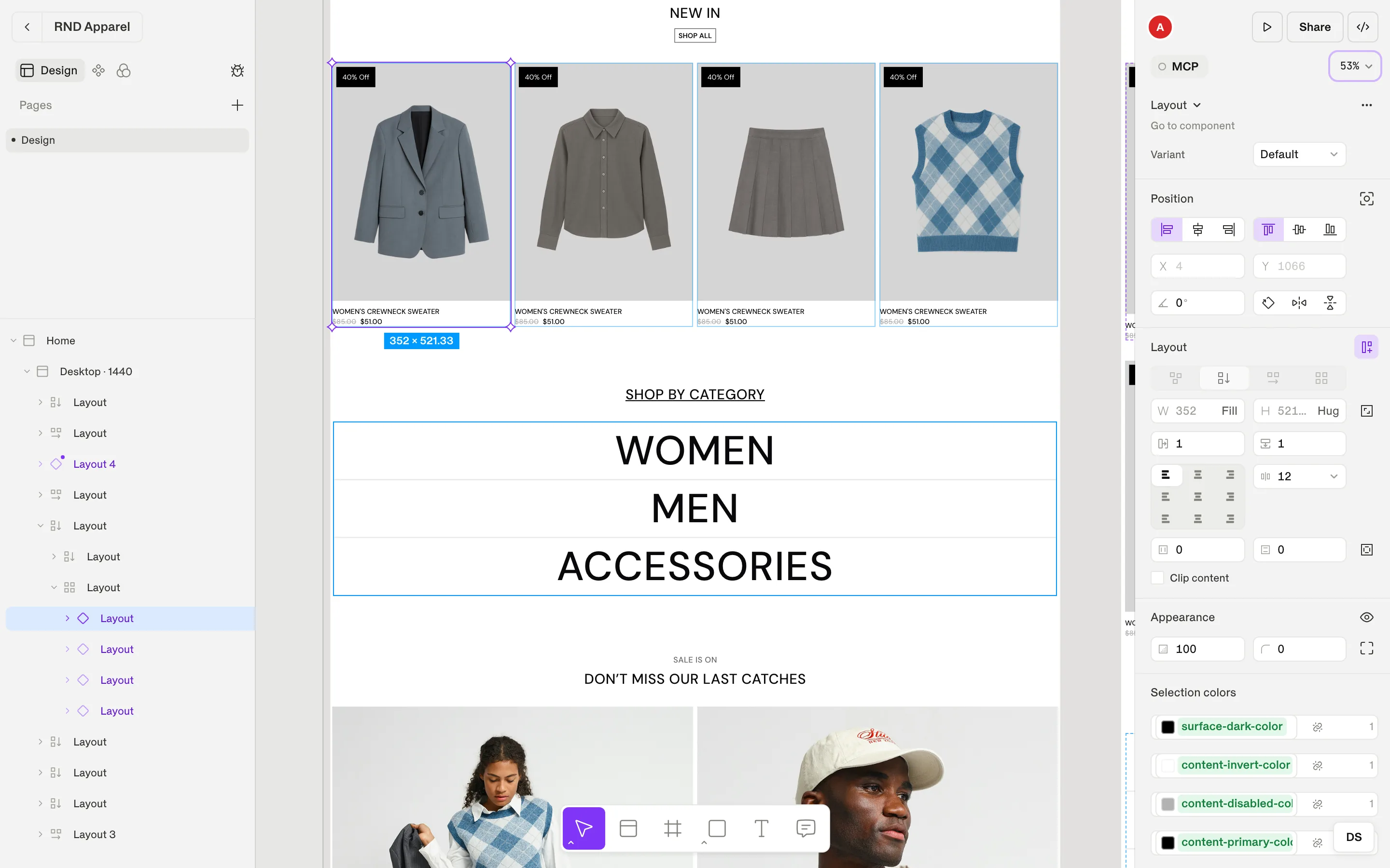 A product card selected in a grid of cards; the inspector shows its vertical smart layout with Fill width and Hug height.