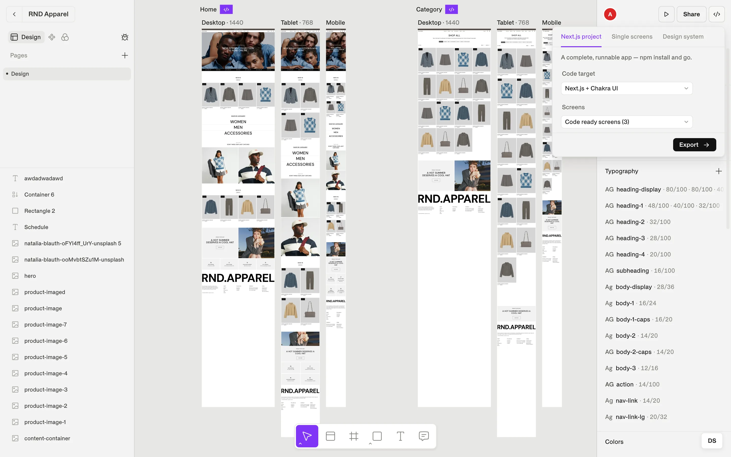 The Export code dialog with Output format tabs, Code target options and the Screens selector.