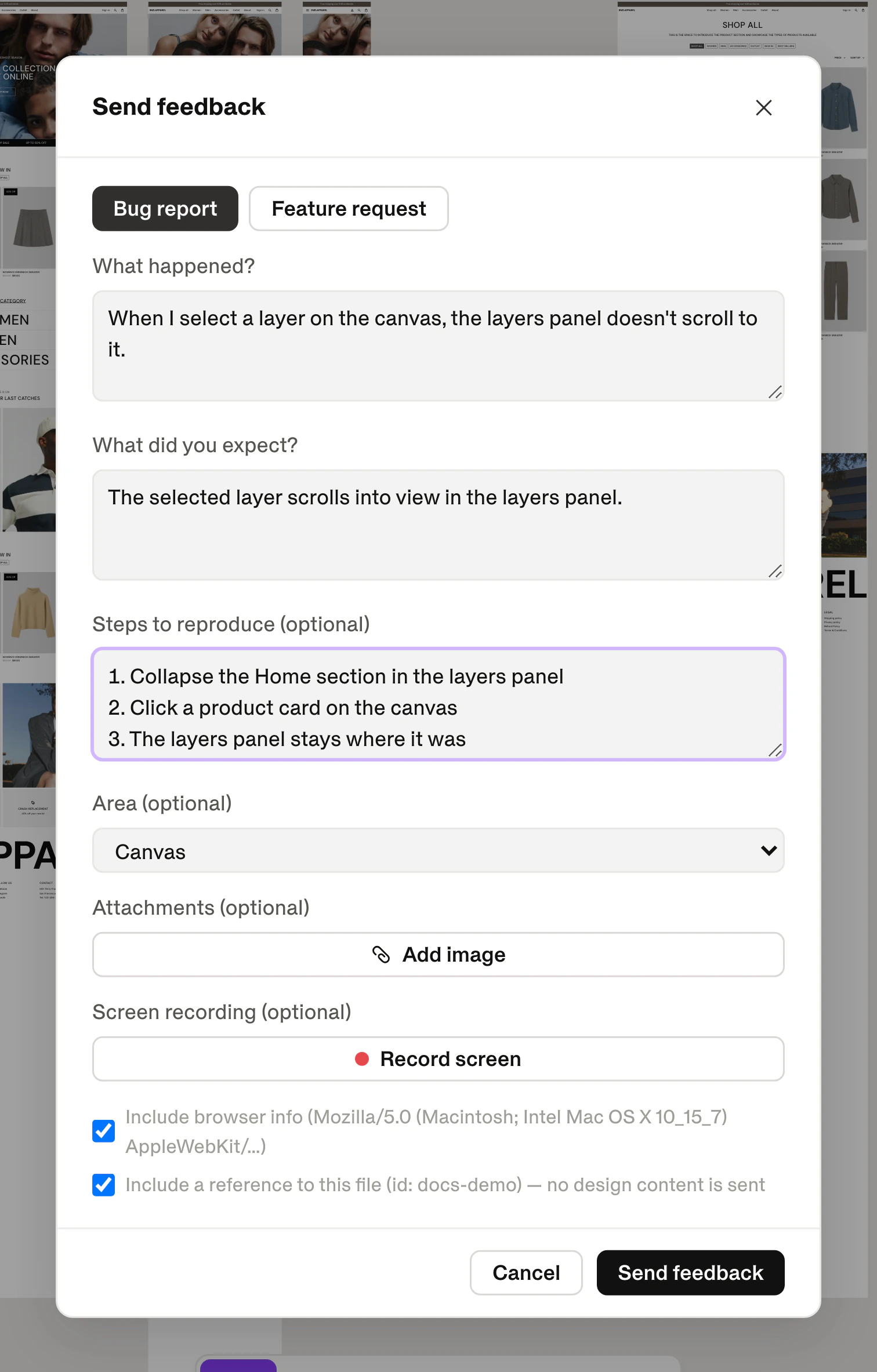 The Send feedback dialog with Bug report selected, filled in with what happened, what was expected and steps to reproduce.