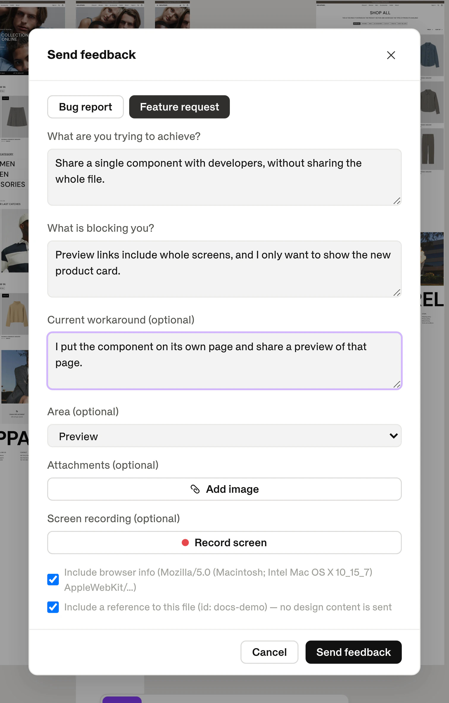 The Send feedback dialog with Feature request selected, filled in with the goal, what is blocking it and the current workaround.