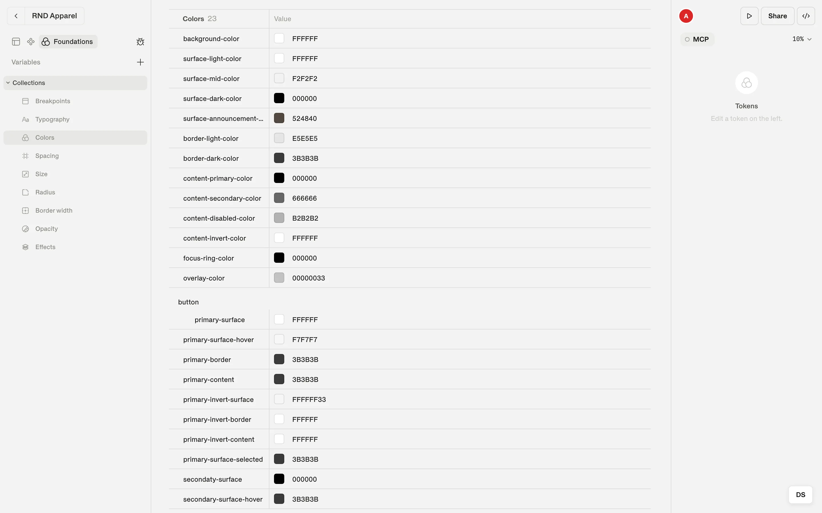 The Foundations view with the Variables navigation and a table of semantic color tokens.