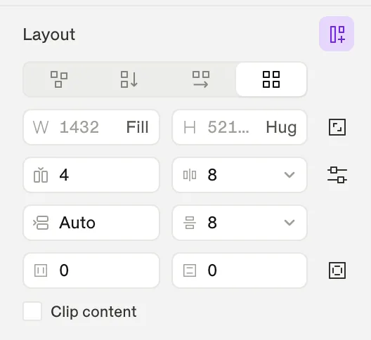 The Layout section for a product grid: Grid mode with 4 columns, Fill width, Hug height, gaps and padding.