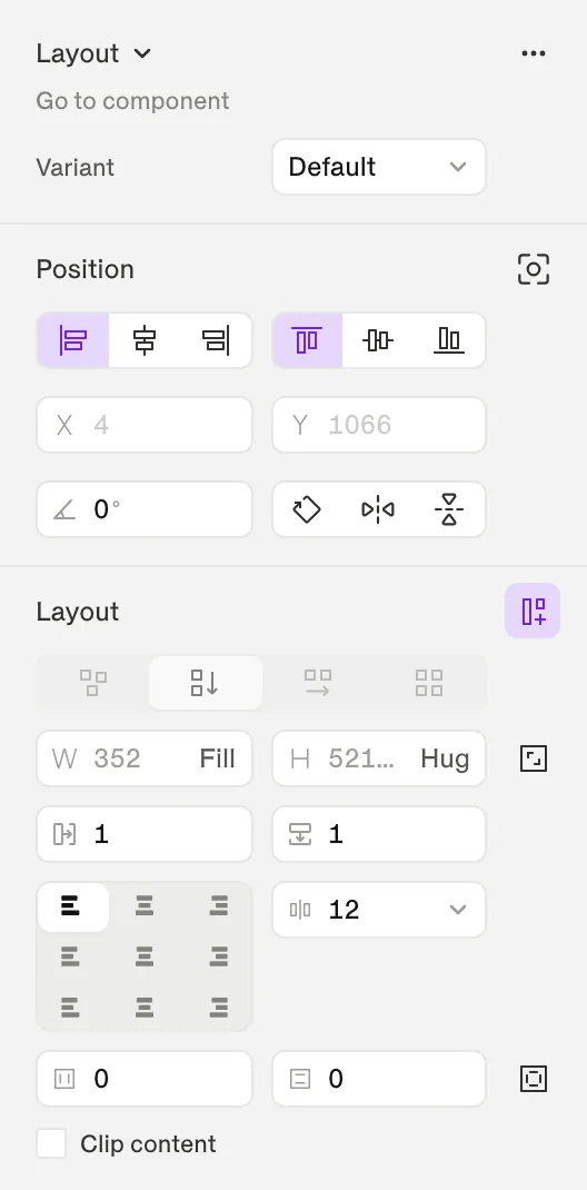 The inspector for a product-card instance: variant, position, smart layout, appearance and selection colors.