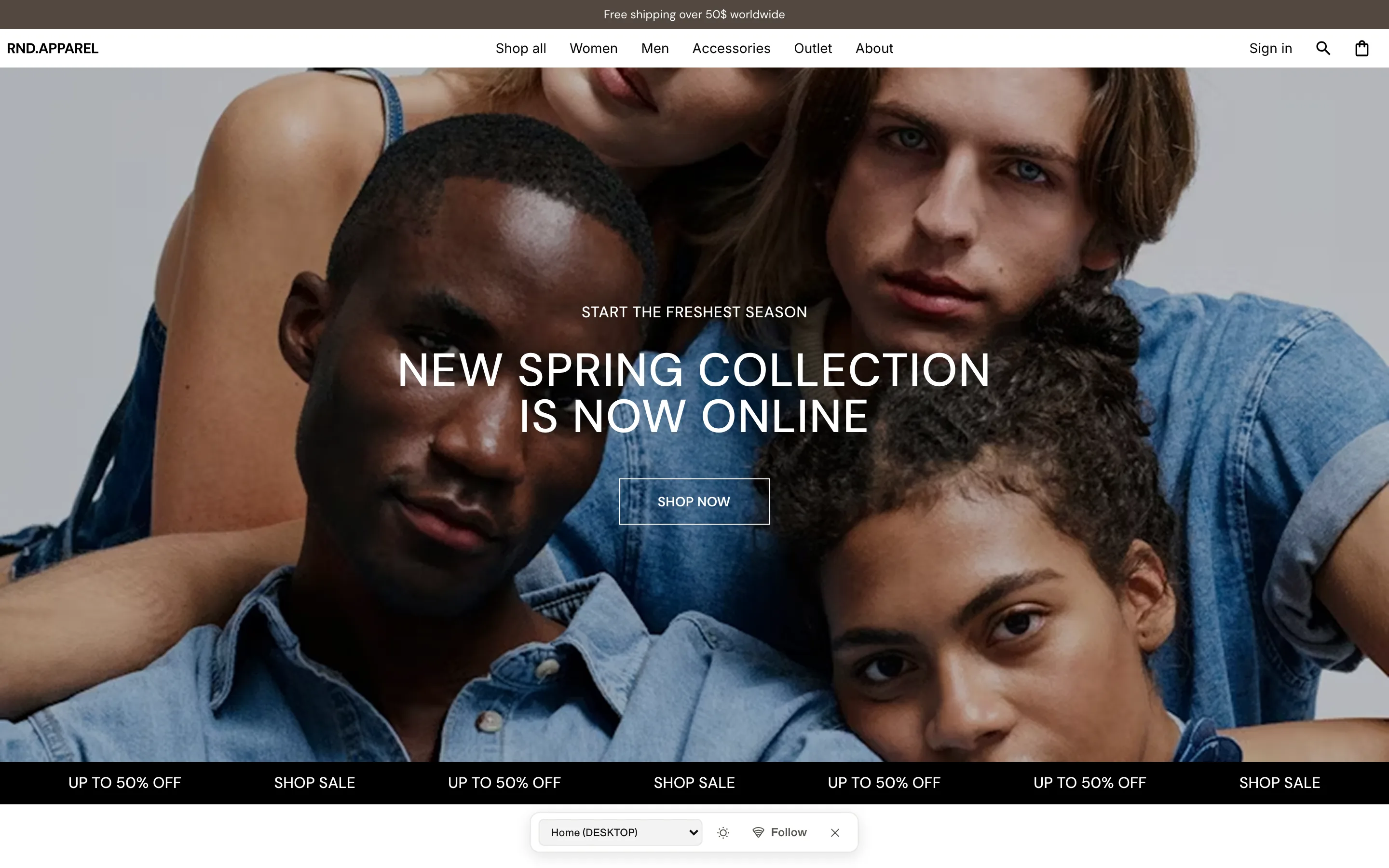The live preview of the store's Home screen with the preview controls: Follow, screen picker and light/dark switch.