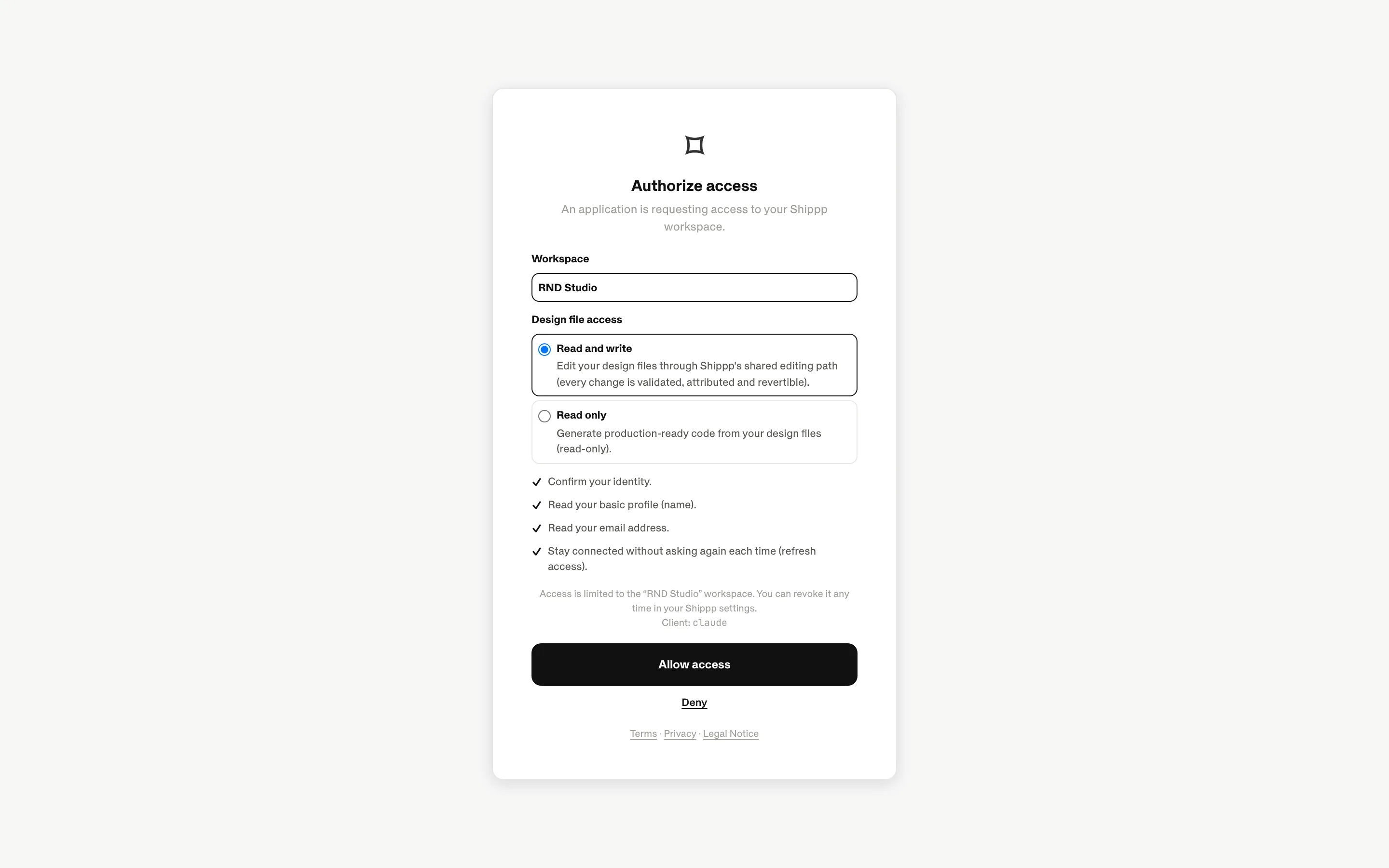 The Authorize access screen with a workspace picker, Read and write / Read only options, and Allow access / Deny buttons.