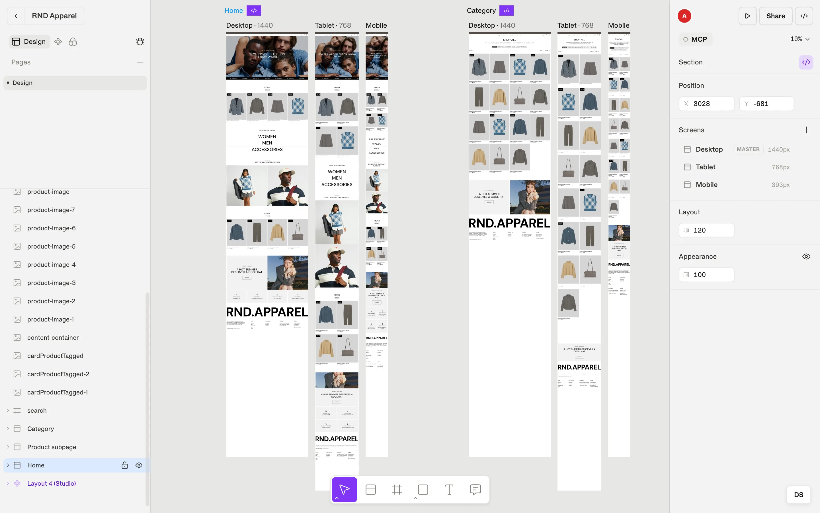 A section with Desktop, Tablet and Mobile screens side by side and the section inspector open.