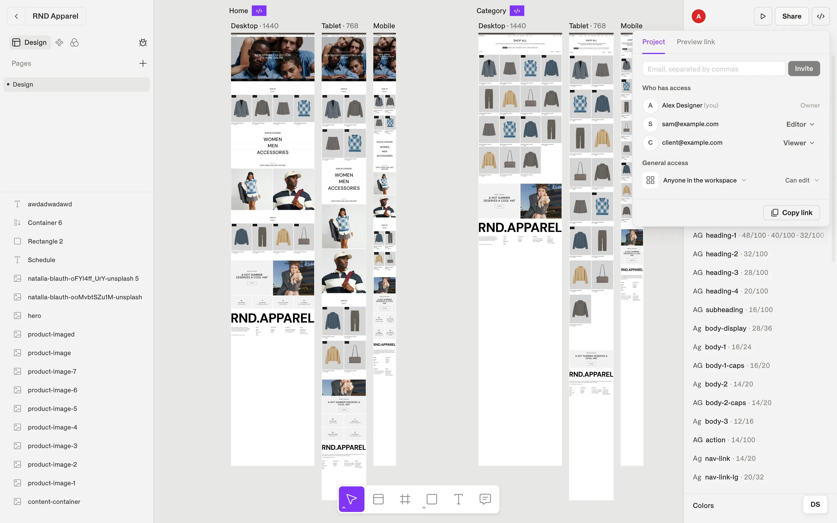 The share panel with the Project tab: invite field, role selector, people with access and general access.