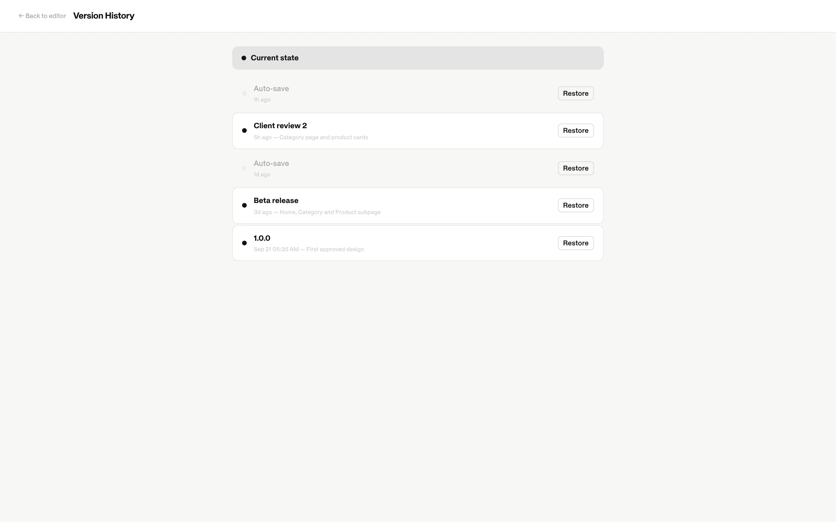 The version history page with named versions and auto-saves, and a Restore button.