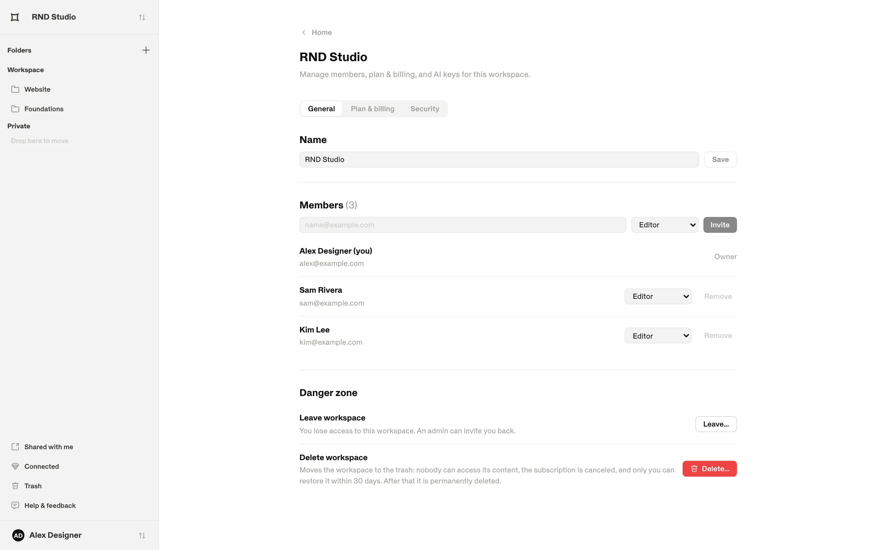 Workspace settings with the General, Plan & billing and Security tabs.